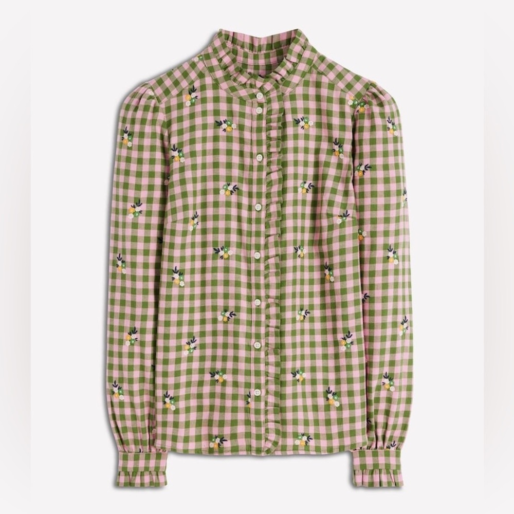 Boden Helena Brushed Cotton Ruffled Gingham and Floral Embroidered Blouse -US 8 - Picture 3 of 11